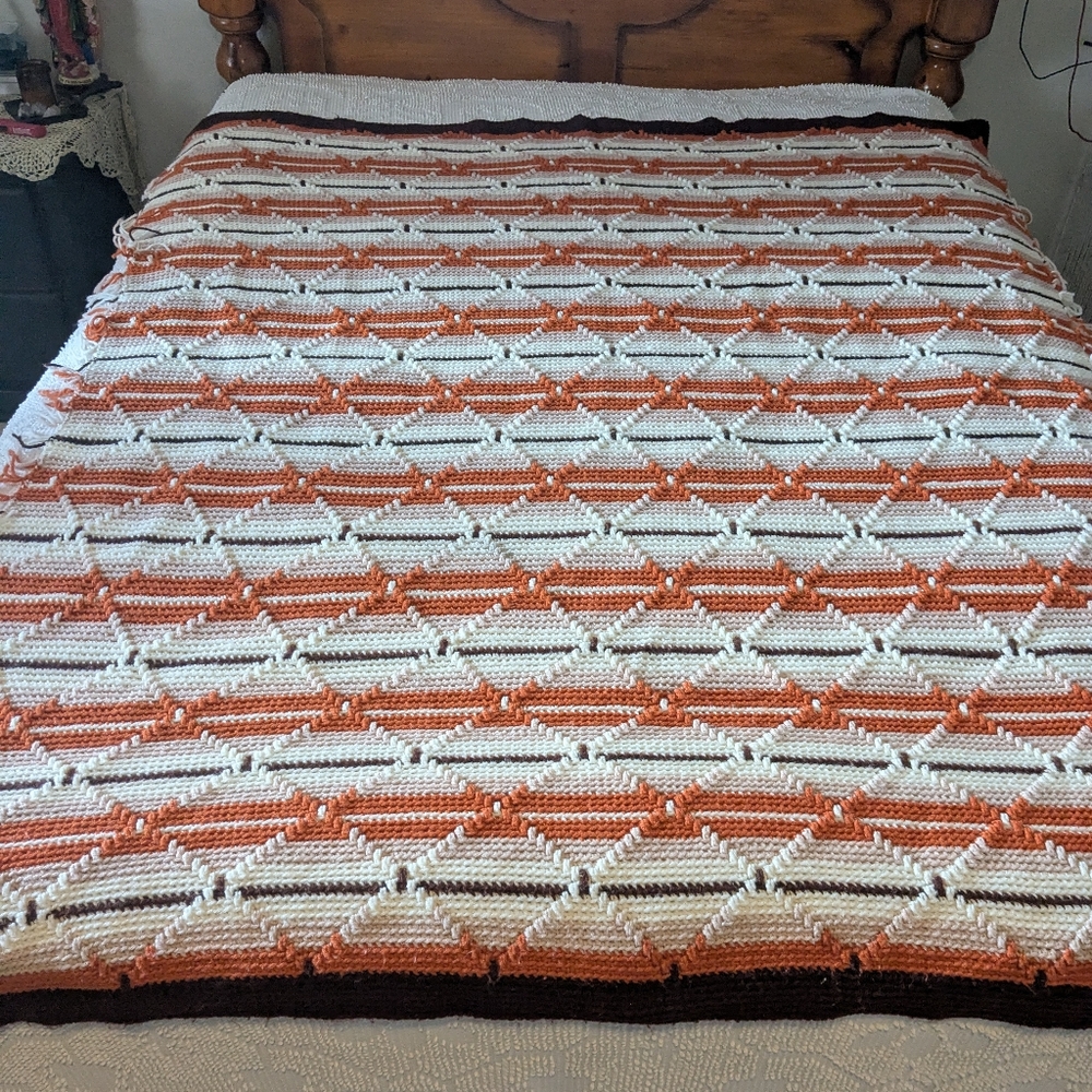Handcrafted Orange and White Crochet Blanket